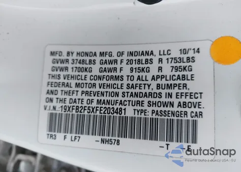 2015 Honda Civic Lx z USA, uszkodzony, nr VIN 19XFB2F5XFE203481
